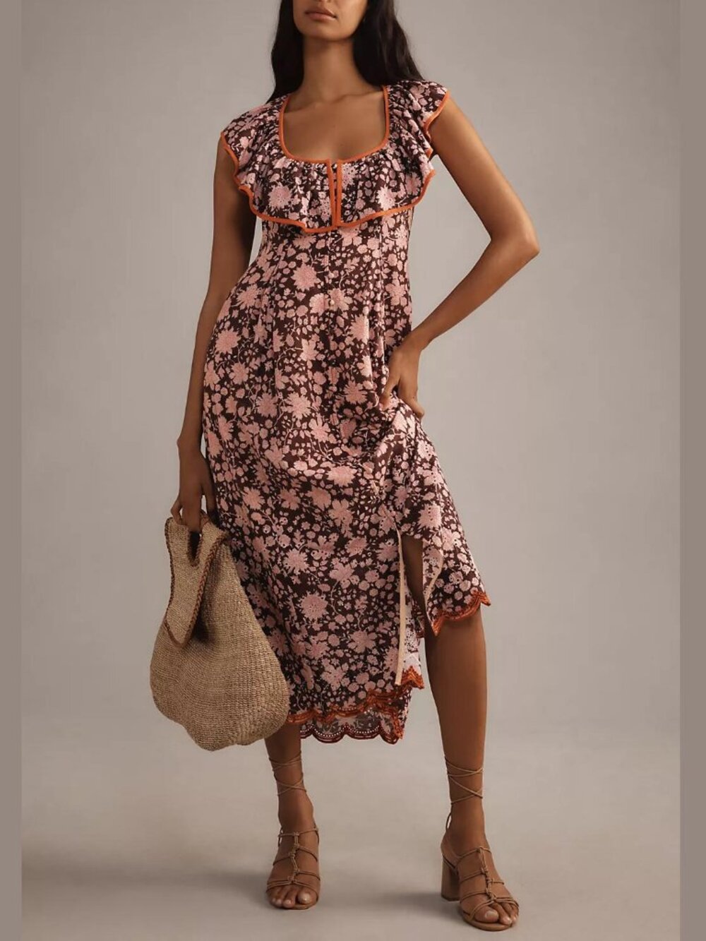 NEW Maeve Embroidered Ruffled Midi Dress brown & pink floral cottagecore boho S